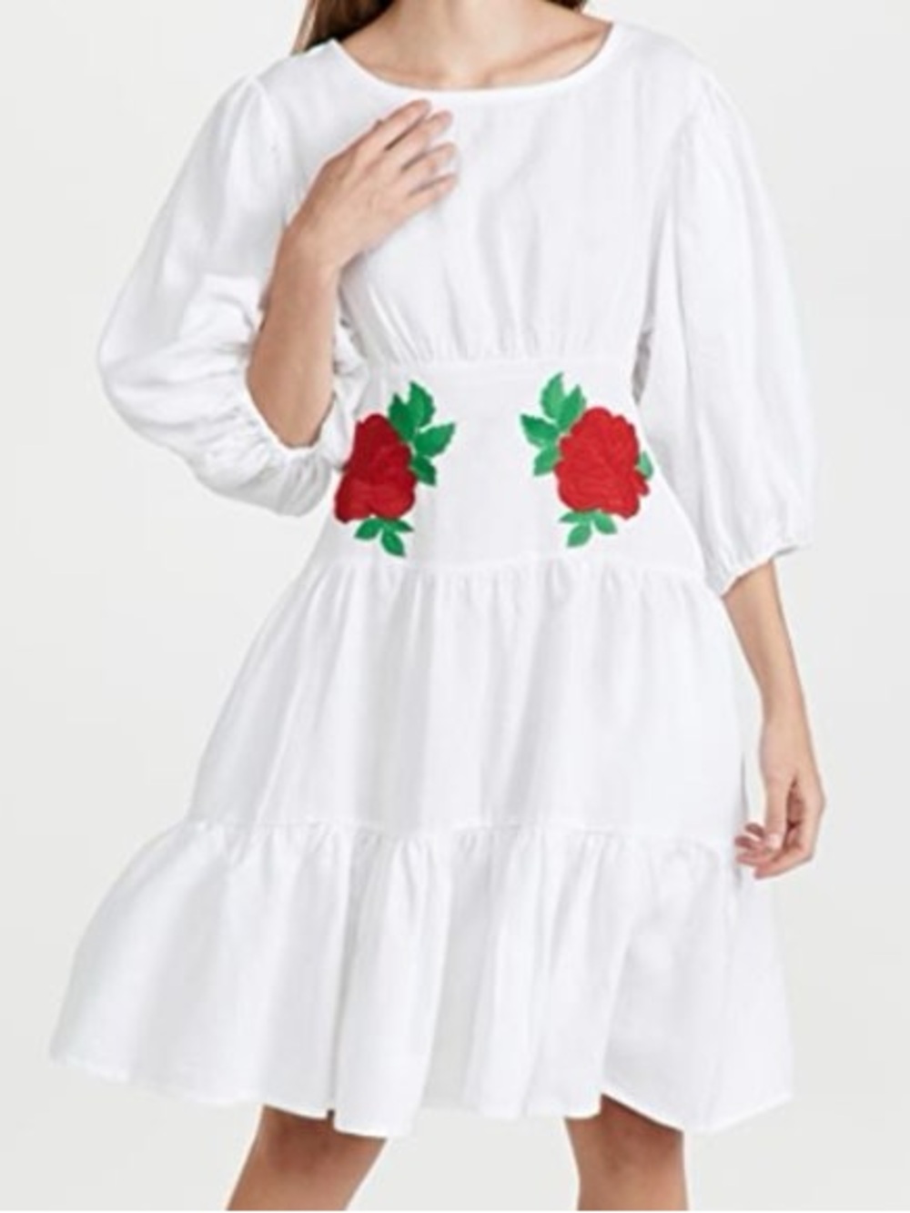 Fanm Mon White Midi Dress with Red Rose Embroideries 100% Linen